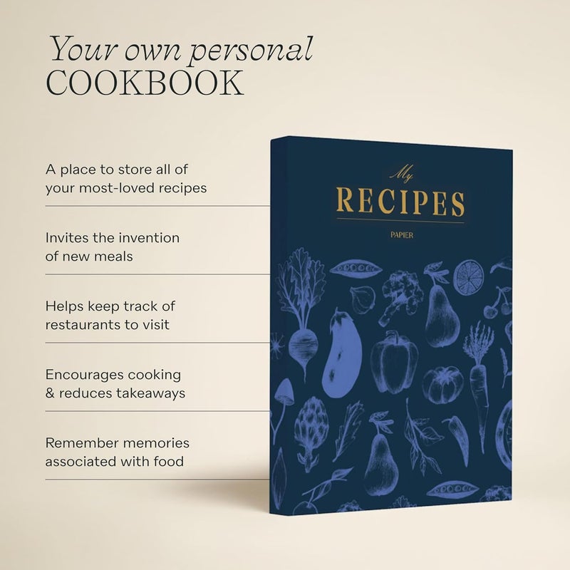 Papier Recipe Journal - Harvest, Navy, 8.46" L x 6.02" W, Hardback | Preserve Family Traditions | Silk Finish | Well Organised and Durable | Space for Cooking Hints & Tips - Image 3